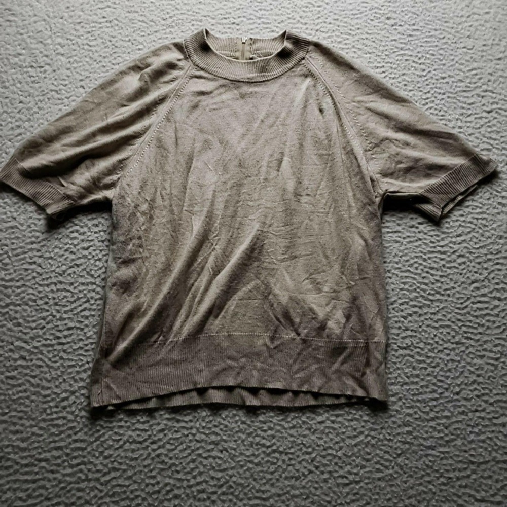 DUVET Sweater Womens Large Beige Mock Neck Short Sleeve Back Zip Knit Pullover
